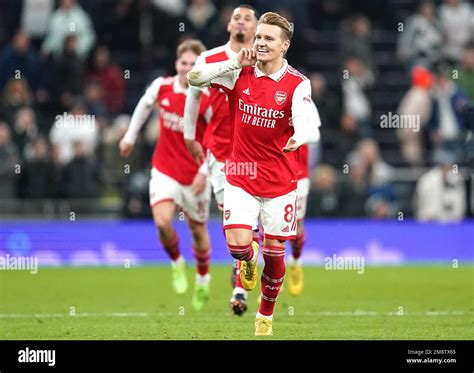 Arsenals Martin Odegaard And Team Mates Celebrate Victory After The