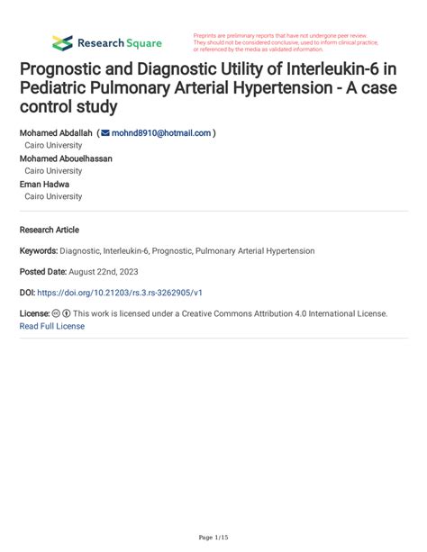 Pdf Prognostic And Diagnostic Utility Of Interleukin 6 In Pediatric Pulmonary Arterial