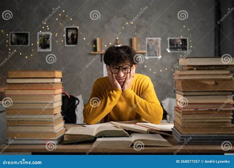 Student Studying Hard Exam With Books Tired Guy Read Difficult Book In