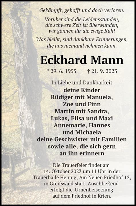 Traueranzeigen Von Eckhard Mann Trauer Nordkurier