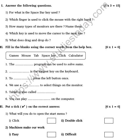 Cbse Class 1 Computer Practice Worksheet Set F