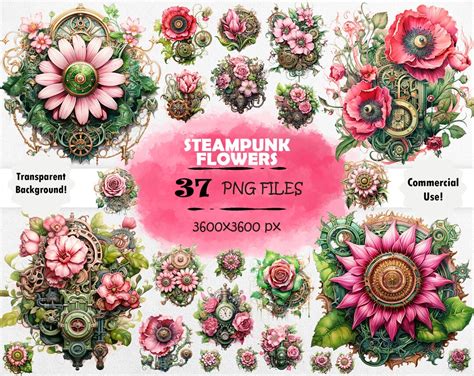 Watercolor Steampunk Flowers Clipart Bundle Mechanical Flowers PNG