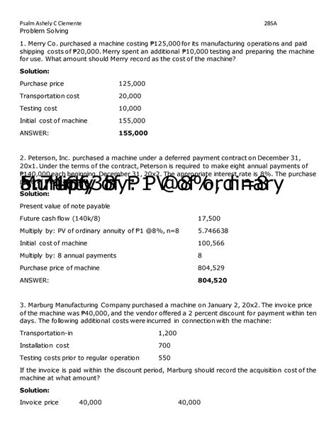 Acc107 Problem Solving Problem Solving Merry Co Purchased A Machine Costing ₱125 000 For Its