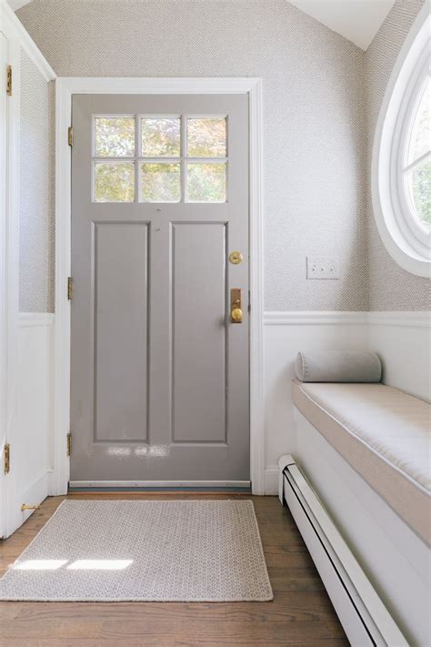 Gray Front Door With Bench