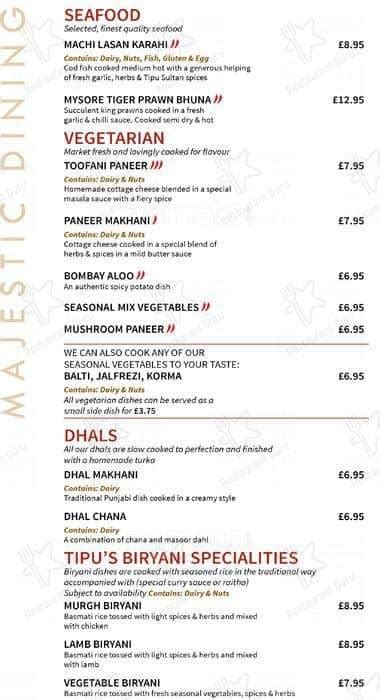 Menu at Tipu Sultan Majestic Dining restaurant, Birmingham