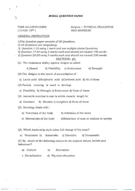 Jkbose Class 12 Model Question Paper For Physical Education