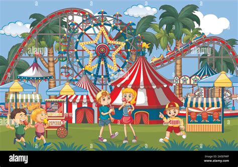 An Outdoor Funfair Scene With Kids Playing Illustration Stock Vector