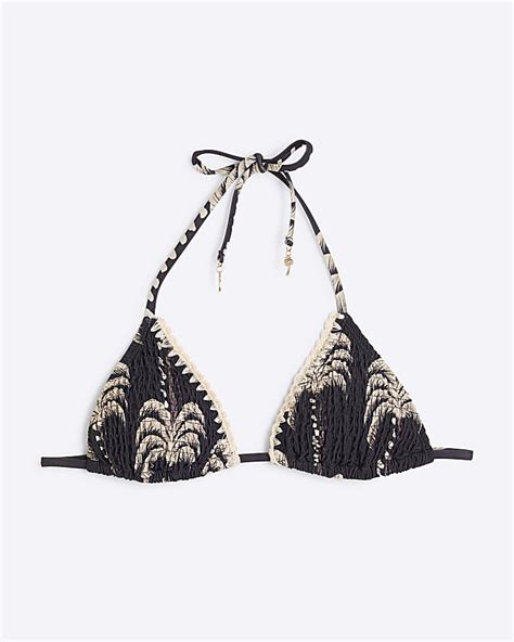 Black Palm Shirred Triangle Bikini Top River Island