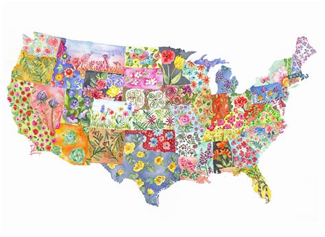 Map of Flowers/ United States Map of Flowers Printable Art, Digital ...