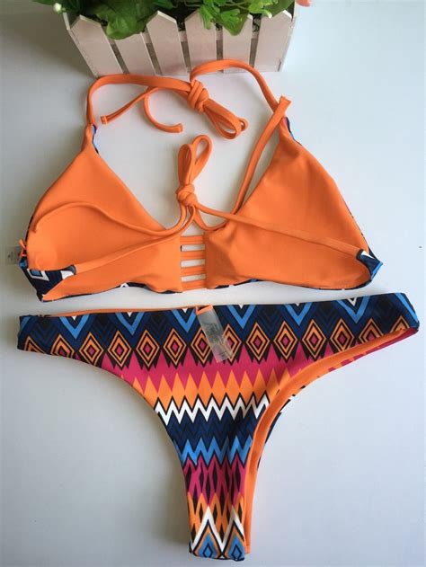 Women Bandeau Bikini Reversible Print Swimsuit Strappy Swimwear