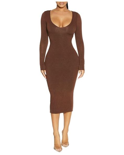 Naked Wardrobe In Too Deep V Neck Dress In Brown Lyst