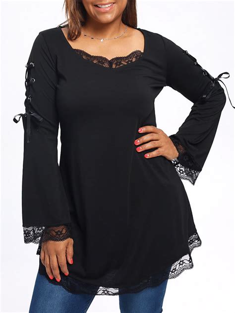 Plus Size Long Sleeve Lace Trim Tunic T Shirt Black 5xl Plus Size