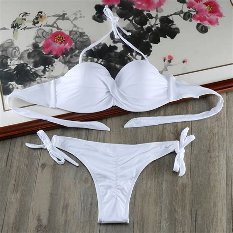 Free Shipping Solid Strappy Bandage Bikinis Set White Push Up Bikini