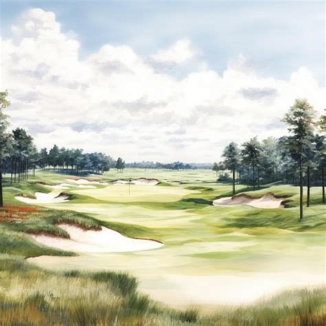 Painting Of A Golf Course With A Green And Sand Bunkers Generative Ai