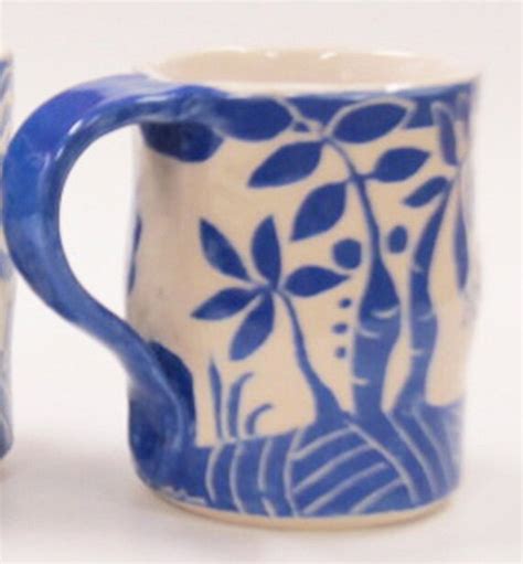 Hand Built Art Pottery Mug 3 Three Bunnies Rabbits Sgraffito