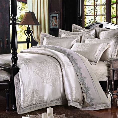 Luxury Silver Jacquard Bedding Set With Lace Queen King Size Imitated Silk Cotton Duvet Cover