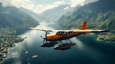 Hidroavião voando sobre a montanha de água em montanha Foto Premium