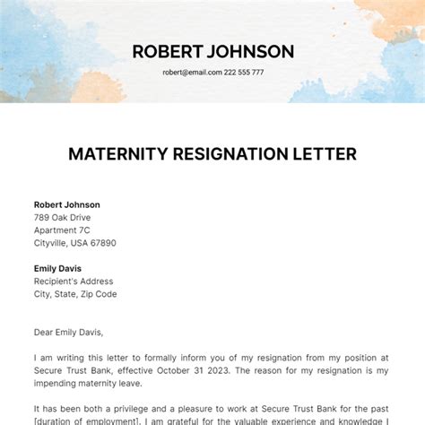 Maternity Resignation Letter Template Edit Online And Download Example