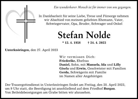 Traueranzeigen Von Stefan Nolde Augsburger Allgemeine Zeitung