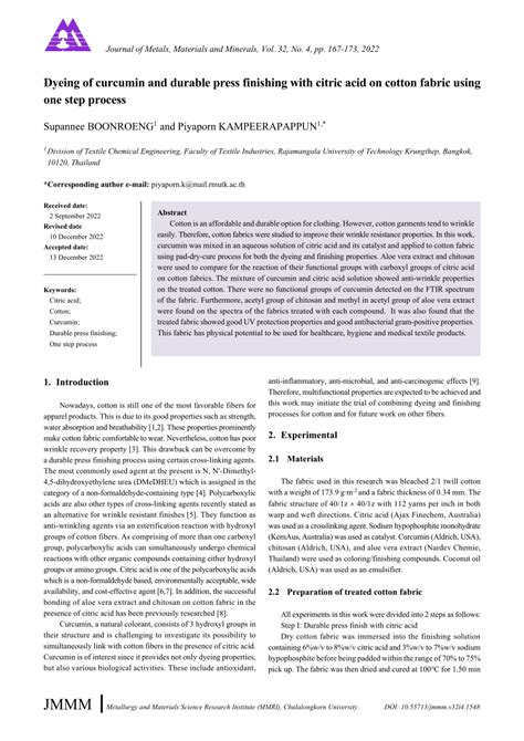 Pdf Dyeing Of Curcumin And Durable Press Finishing With Citric Acid