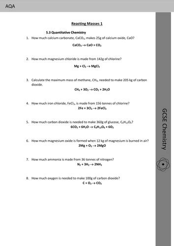 Gcse Chemistry Calculating Reacting Masses Worksheet By Hf583 Teaching Resources Tes