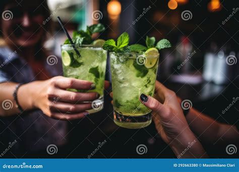 Grupo De Amigos Felices Animando Las Bebidas De Mojito En El Pub Ai