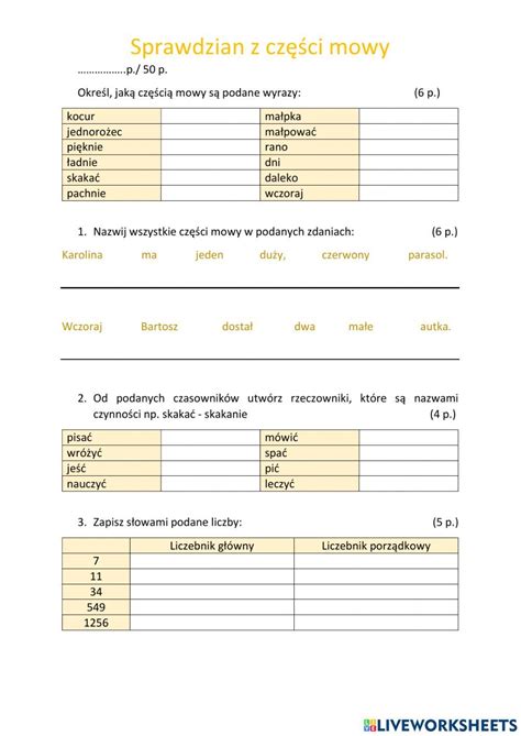 Sprawdzian z części mowy klasa V worksheet