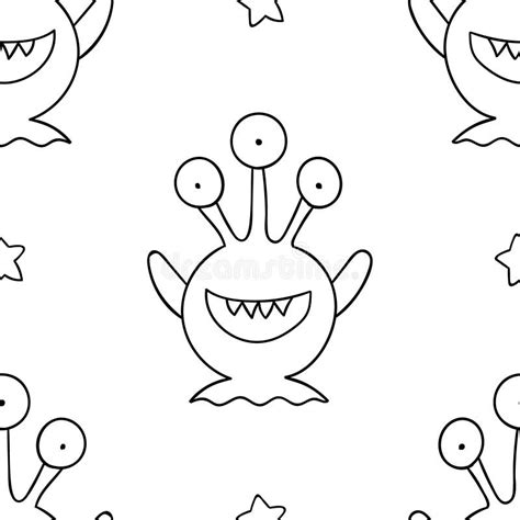 Simple Seamless Pattern Black And White Cute Kawaii Hand Drawn Monster