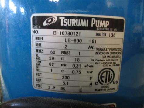 Tsurumi Submersible Pump LB-800 220 V | Daves Industrial Surplus LLC