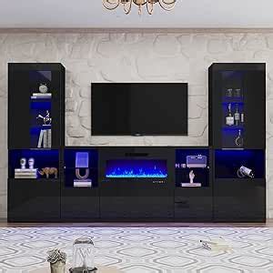 AMERLIFE 3 Piece Modern High Gloss Fireplace TV Stand Bookcase Set