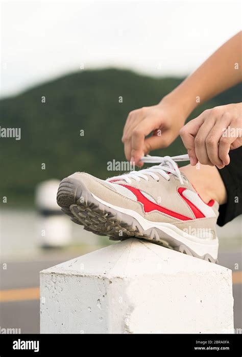 Woman Runner Tying Shoelace His Before Starting Running Woman Doing