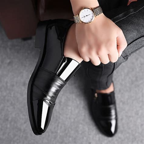 Men's Patent Faux Leather Business Dress Shoes with Zipper Detail and ...