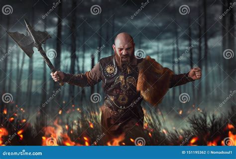 Angry Viking With Axe Battle In Forest Stock Photo Image Of Beard