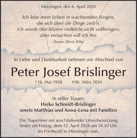 Traueranzeigen Von Peter Josef Brislinger S Dwest Presse Trauer