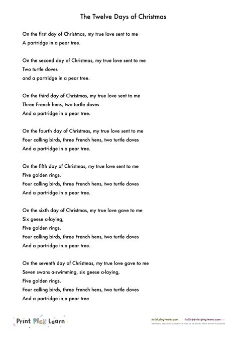 Printable Twelve Days Of Christmas Lyrics | Fanny Printable