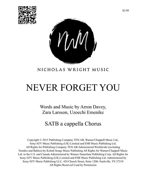 Never Forget You Arr Nicholas Wright By Zara Larsson Sheet Music For