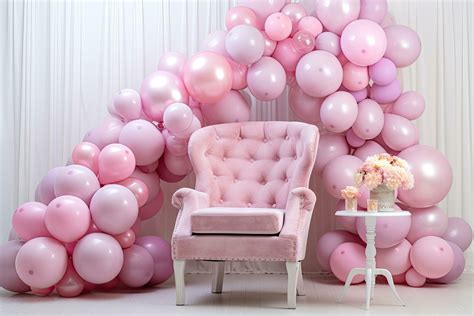 Pink armchair with pink balloons and cake on a white background ...