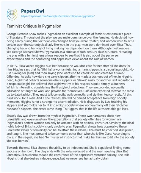 Feminist Critique In Pygmalion Free Essay Example 575 Words