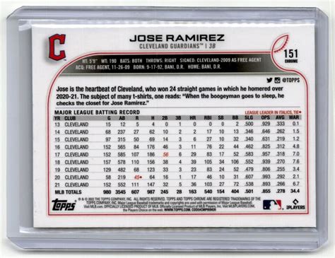 2022 Topps Chrome Prism Refractor Jose Ramirez Cleveland Guardians 151