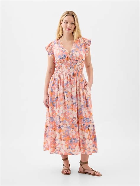 V Neck Flutter Sleeve Midi Dress Gap Factory