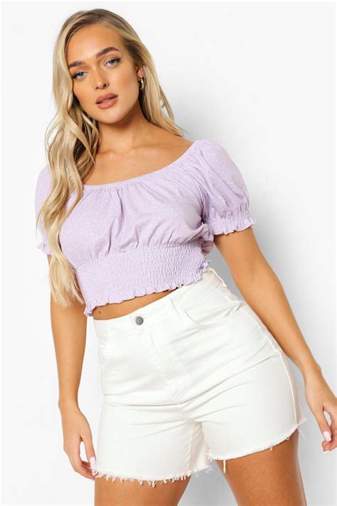 Womens Purple Mini Polka Dot Puff Sleeve Crop Top Boohoo Uk