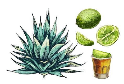 Premium Vector Cactus Blue Agave And Glass Tequila With Slice Lime