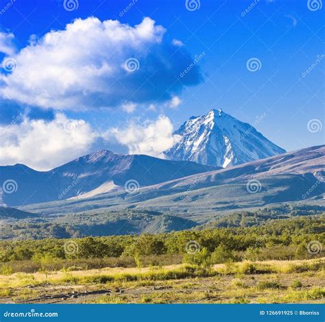 Panorama Of Kamchatka Volcanoes Koryak Volcano In Kamchatka In The