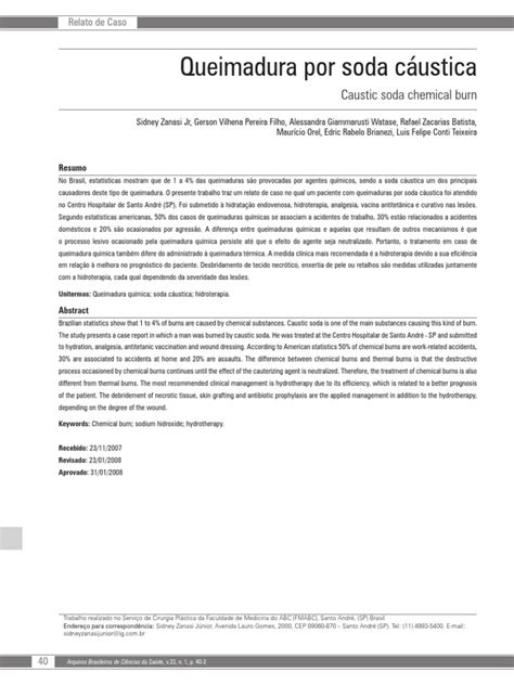 Queimadura Soda Cáustica Pdf Pdf Queimadura Química