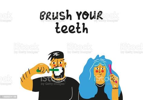 Couple Brushing Teeth Hand Drawn Illustration Oral Hygiene And