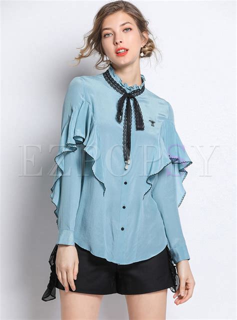 Tops Blouses Color Blocked Embroidered Ruffled Collar Single