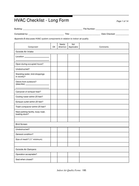 Hvac Long Form Checklist Hvac Air Pollution