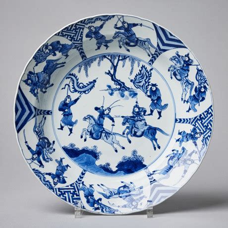 A Blue And White Equestrian Dish The Interior Painted With A Scene