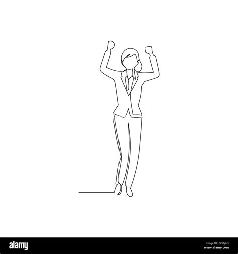 Continuous Line Drawing Of A Businesswoman Raising Her Hands Up And