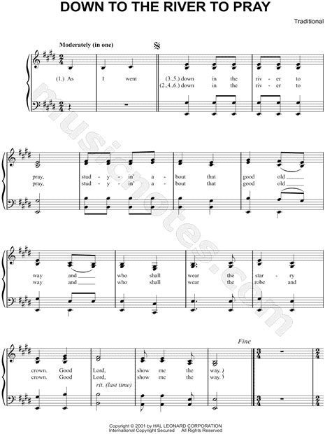 Traditional Down To The River To Pray Sheet Music In E Major